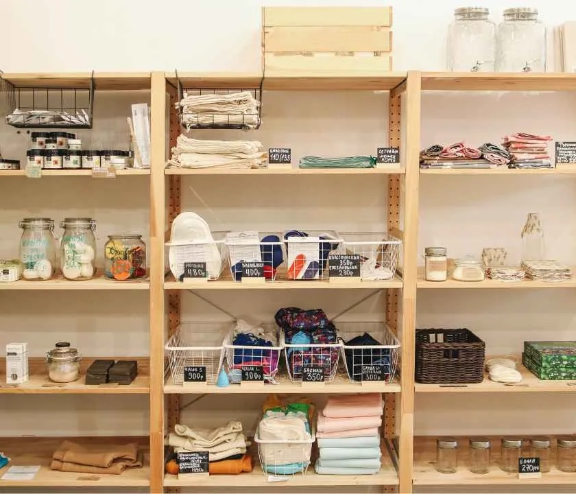 A shop shelf full of bath products